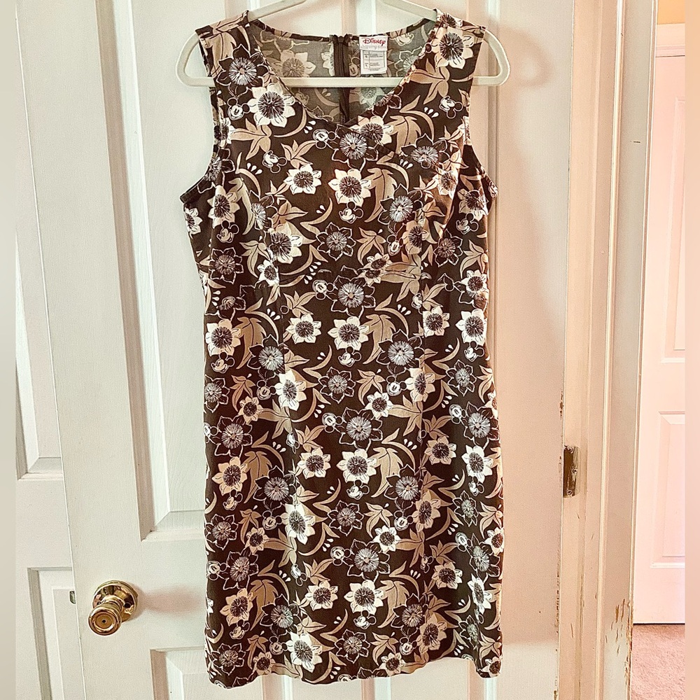 Disney Brown and Cream Floral Print with Mickey Sleeveless Sheath Dress Size L